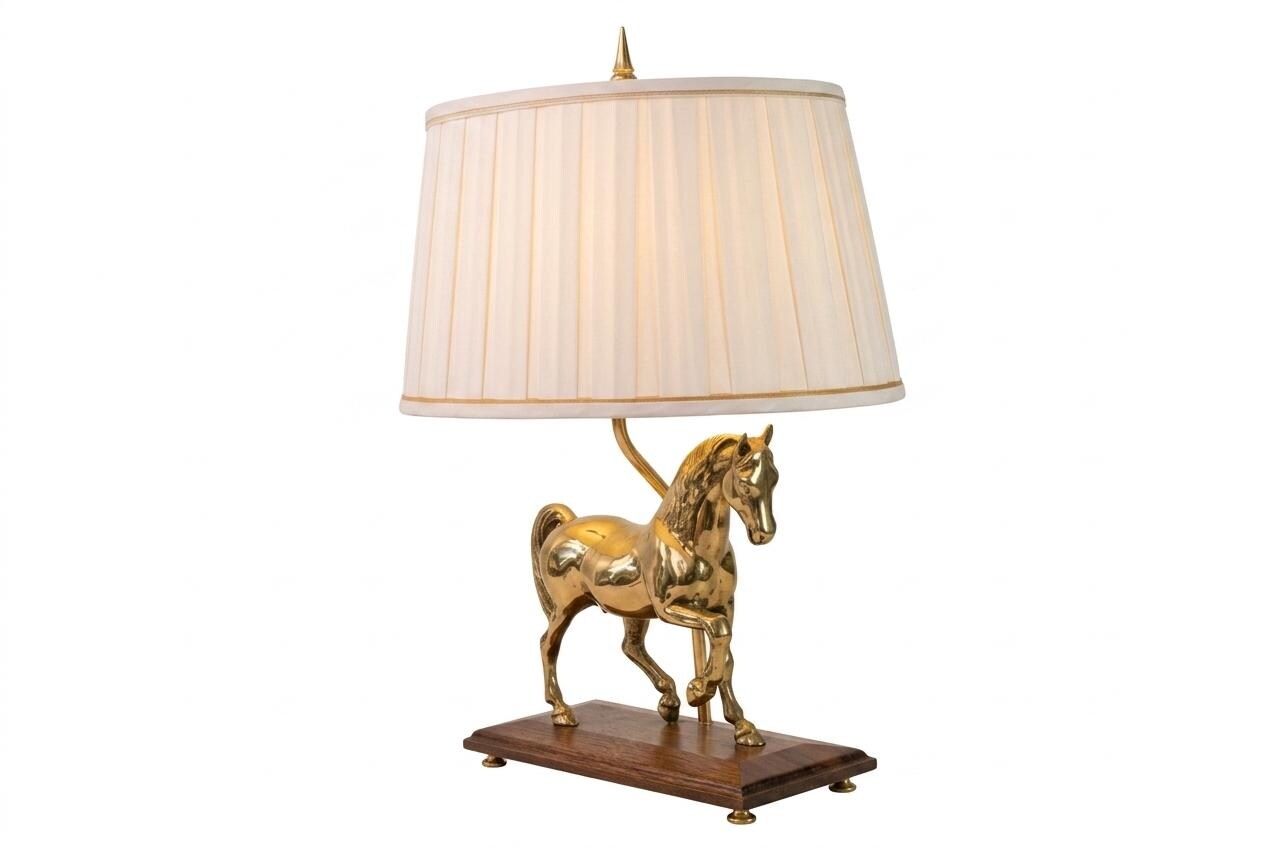 Vintage Brass Horse Table Lamp, Wooden Base, Pleated Shade, Equestrian Style, 1980s