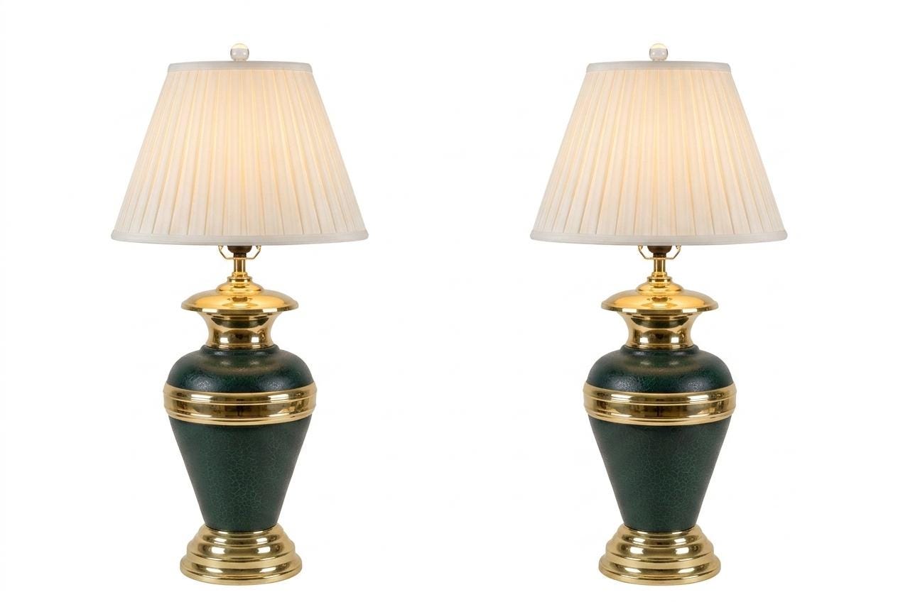 Vintage 1990s Green Ceramic & Gold-Tone Table Lamps – Vase-Style Statement Lighting, Matching Pair