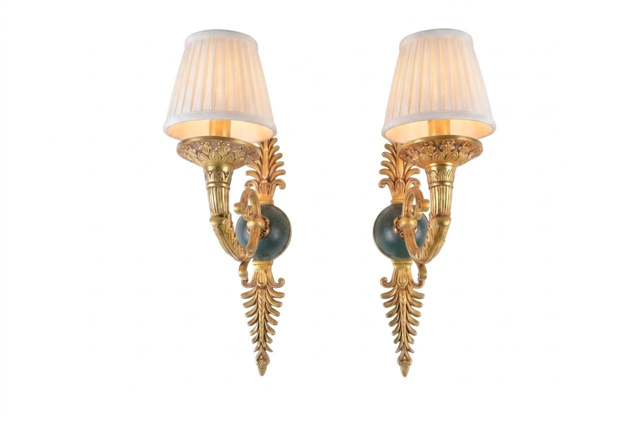 Pair of Vintage Gilded Brass Sconces, French Scroll Arm | Feathered Wall Lights, 1950s | Candle-Style Fixtures