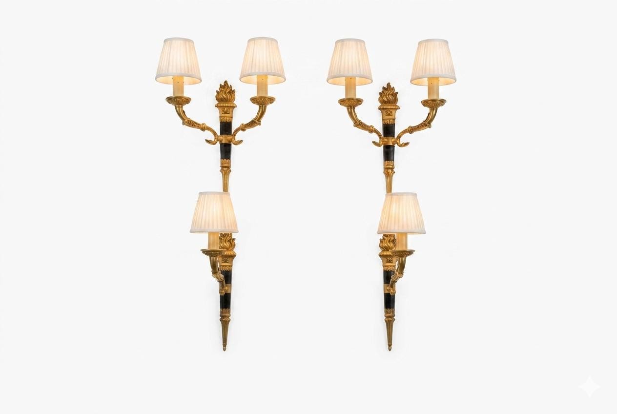 Ornate Gilt Bronze Torch-Form Wall Sconces, Empire Style, Set of Four (Mixed Arm Configuration)