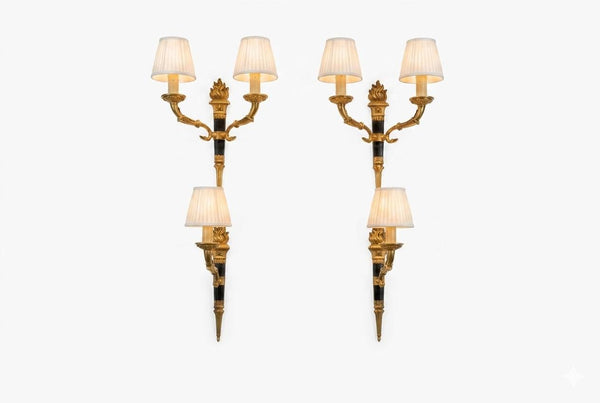 Ornate Gilt Bronze Torch-Form Wall Sconces, Empire Style, Set of Four (Mixed Arm Configuration)