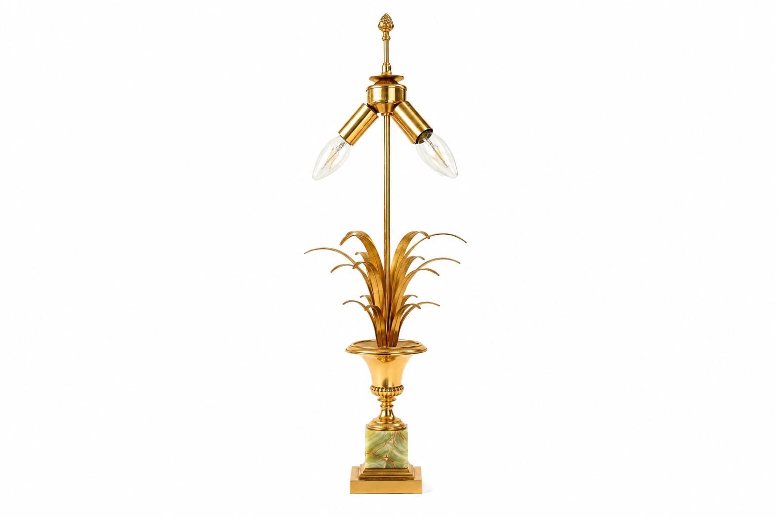 Vintage Brass Reed Sheaf Table Lamp, Three-Light Hollywood Regency Gilt Metal Lamp with Onyx Base, French Style Lighting, Mid-Century Glamou