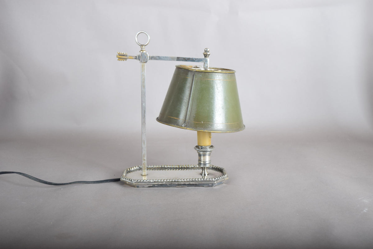 Single-Arm Bouillotte Desk Lamp, Silvered Metal with Arrow Locking Mechanism, Olive Tole Shade, 1950s