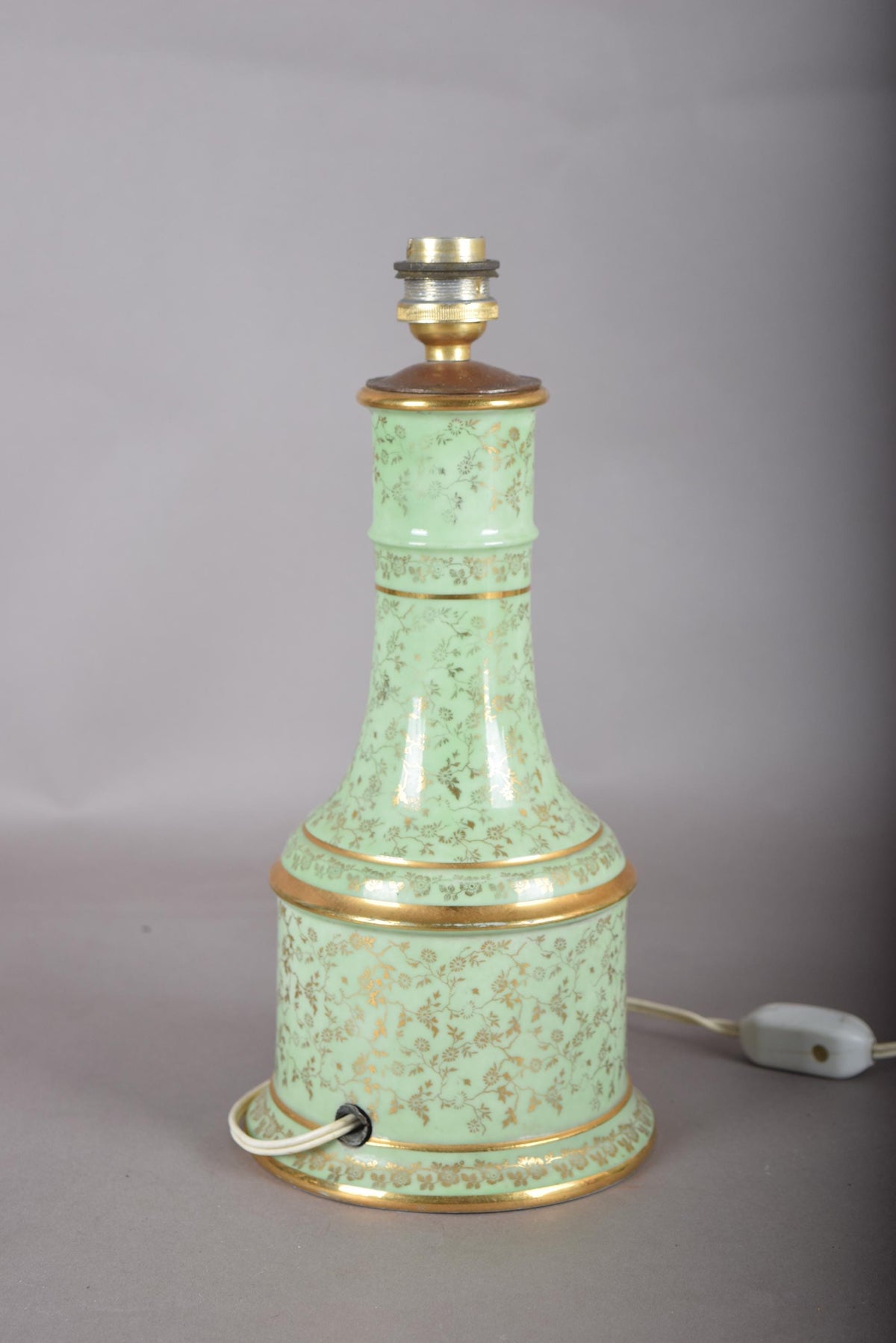 Vintage Chinoiserie Table Lamp, Mint Green Porcelain with Gold Gilt Floral Detail, French Country Baluster Lamp, Circa 1950s