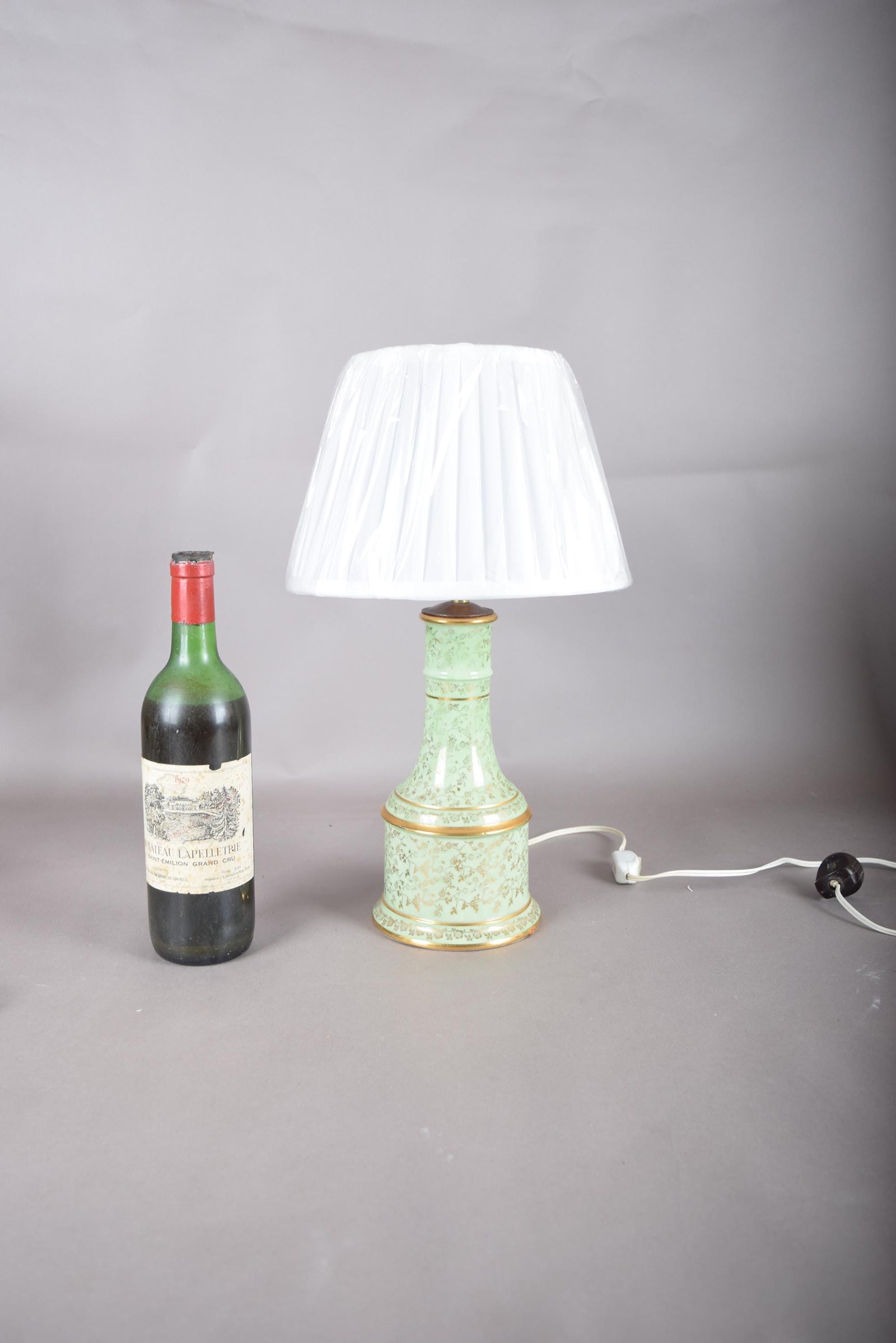 Vintage Chinoiserie Table Lamp | Mint Green Porcelain with Gold Gilt Floral Detail | French Country Baluster Lamp | Circa 1950s