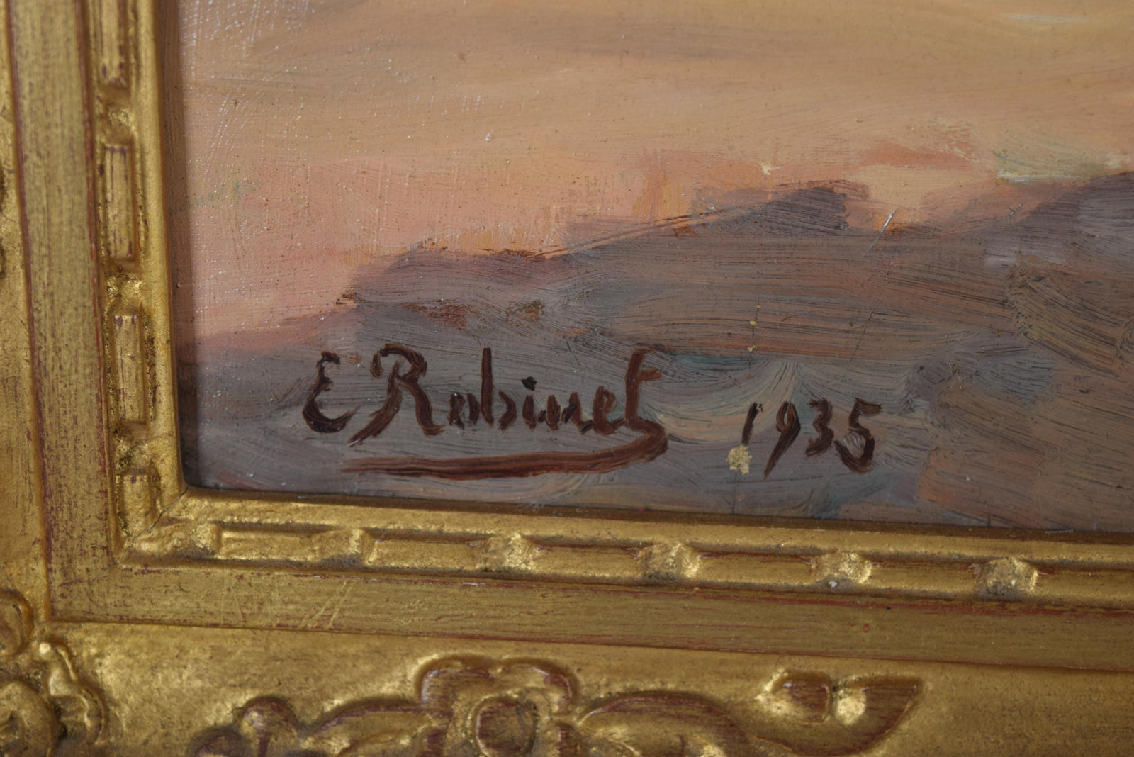 Antique French Garden Landscape Oil Painting, Signed E. Robinet 1935 — Gilt Framed