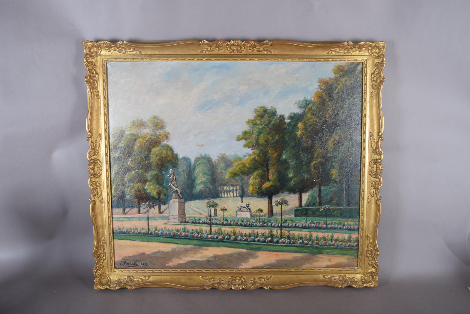 Antique French Garden Landscape Oil Painting, Signed E. Robinet 1935 — Gilt Framed