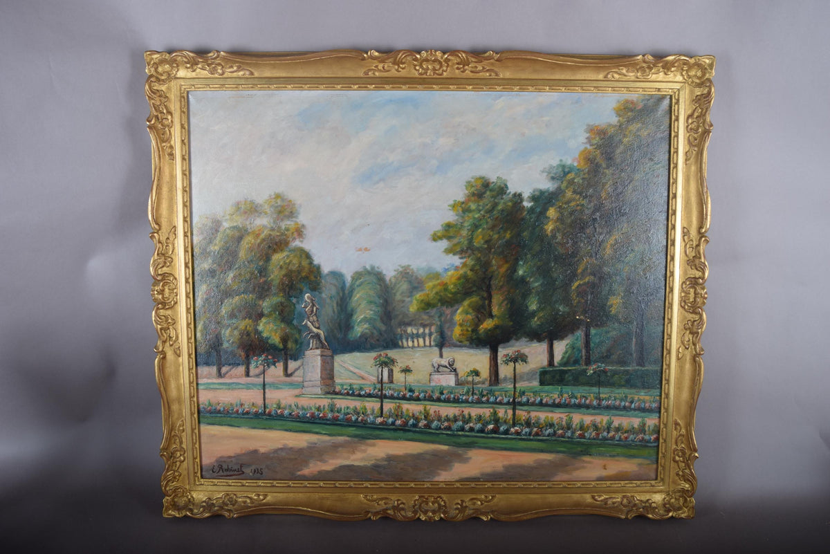 Vintage French Garden Landscape Oil Painting, Signed E. Robinet 1935, Gilt Frame