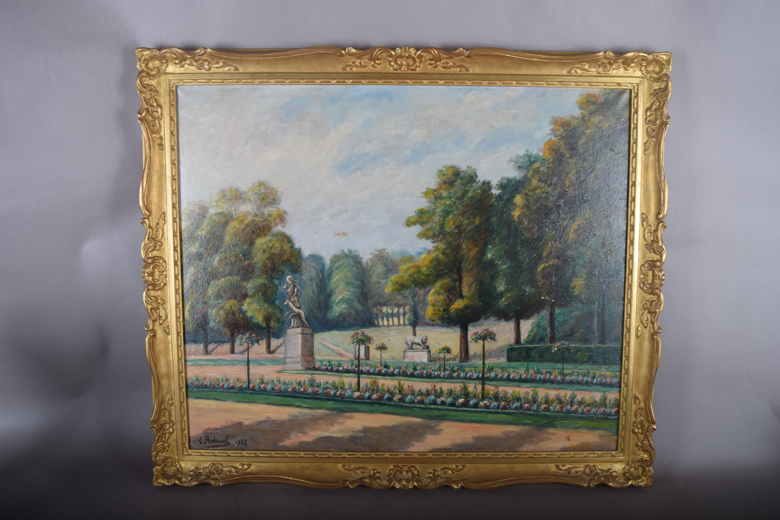 Antique French Garden Landscape Oil Painting, Signed E. Robinet 1935 — Gilt Framed
