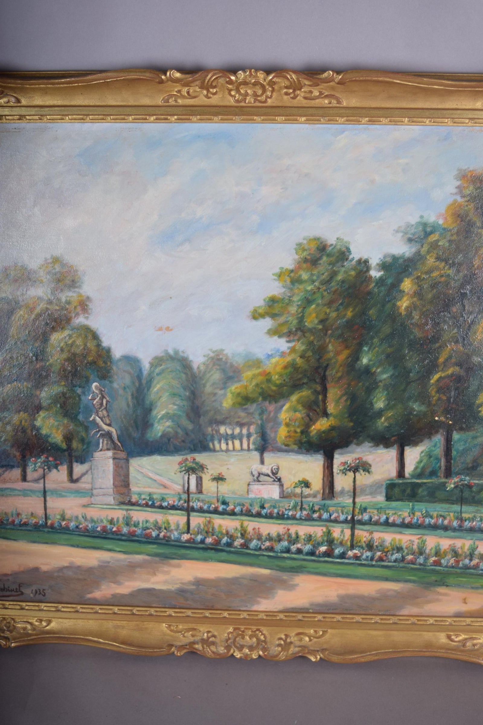 Antique French Garden Landscape Oil Painting, Signed E. Robinet 1935 — Gilt Framed