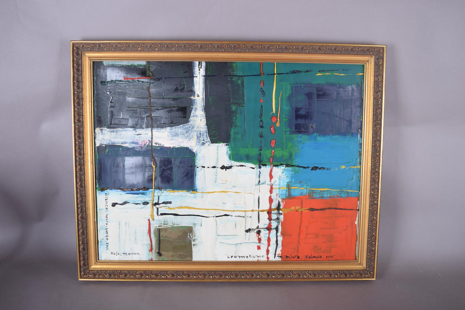 Signed Contemporary Abstract Oil Painting "Cromatismo" by M. Miota, Valencia, Framed Color Field Artwork
