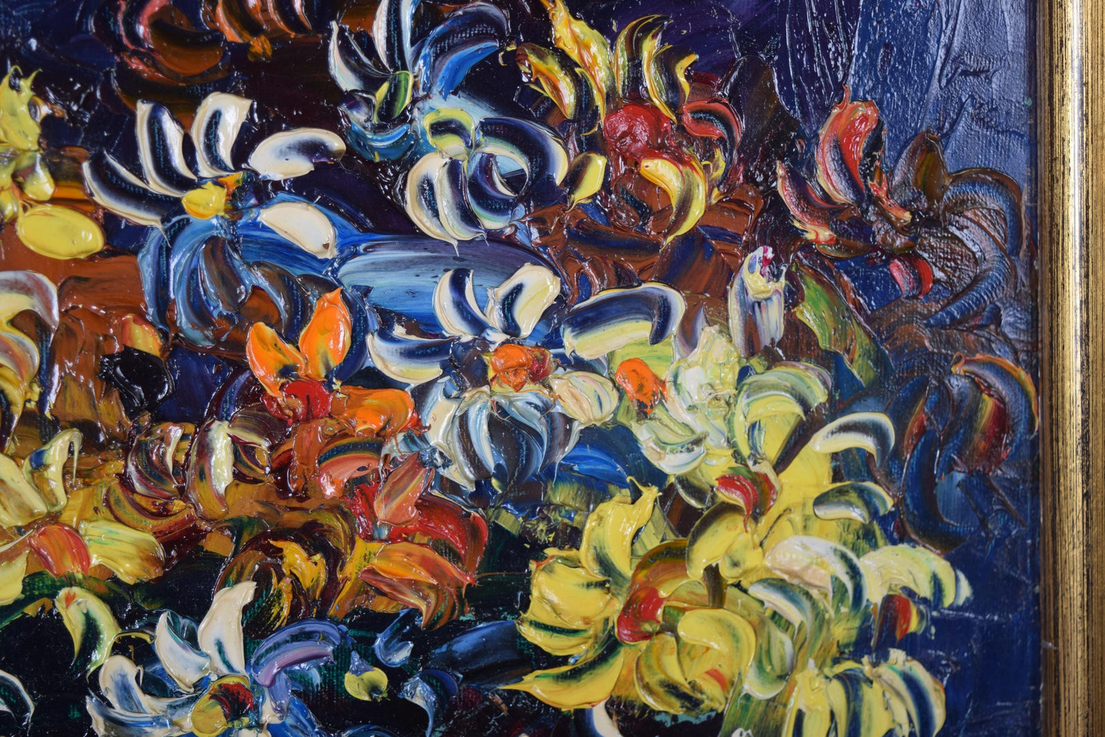Vintage Floral Impasto Oil Painting, Expressionist Still Life, Gilt Frame, 1950s