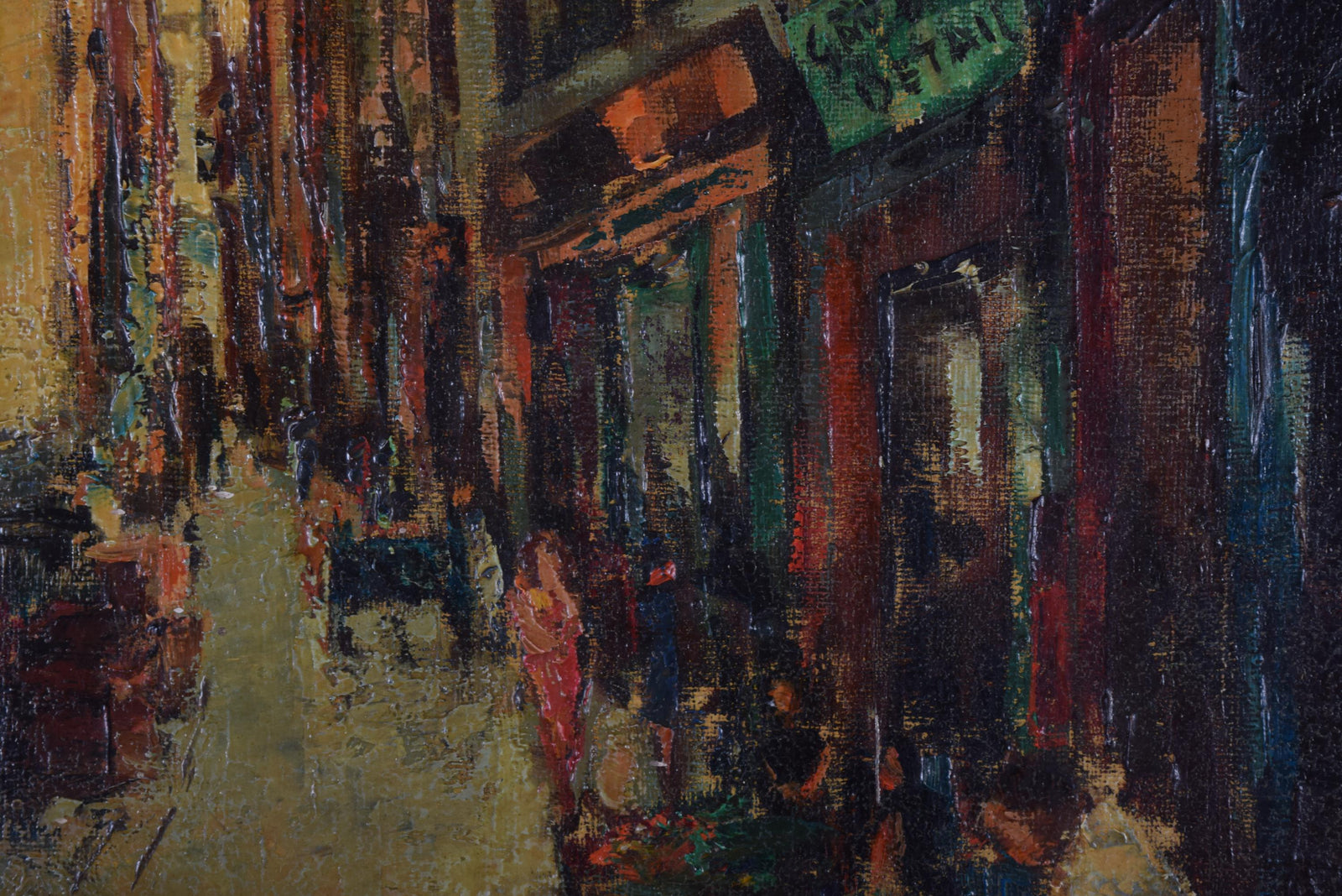 Signed Oil on Canvas, Parisian Street Scene — Rue Quincampoix, Impressionist Style, 1950s