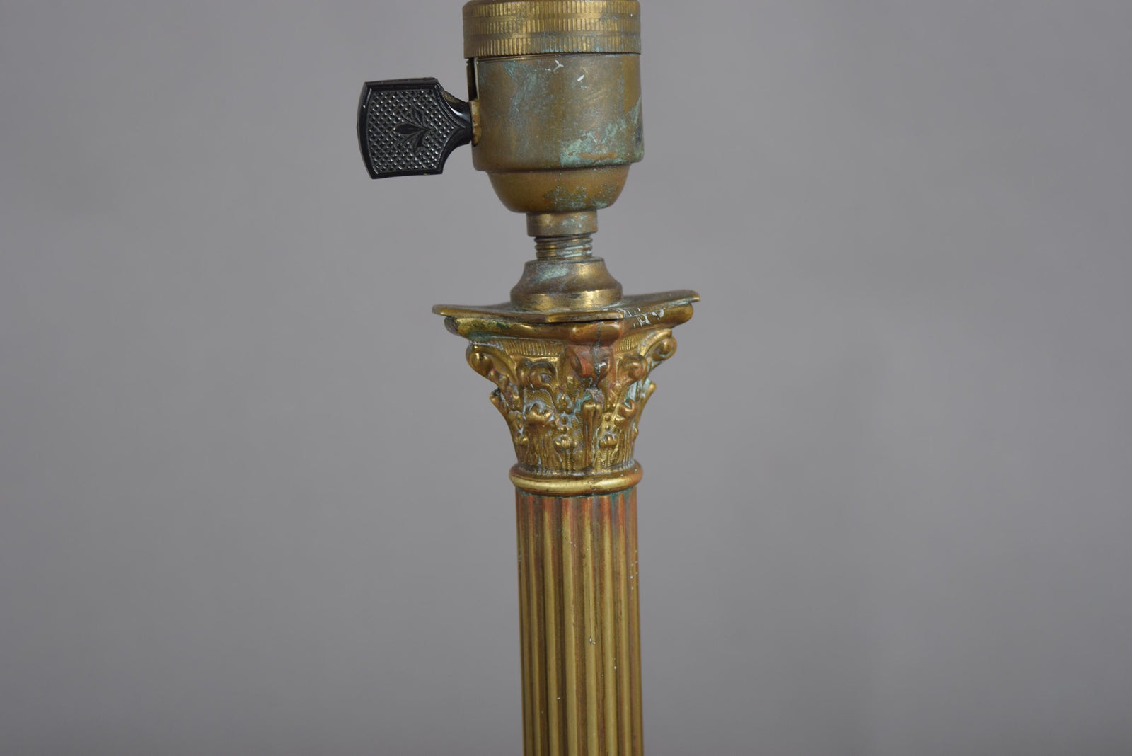 Vintage Patinated Brass Desk Lamp Base, Fluted Column, Corinthian Capital, No Shade, 1950s