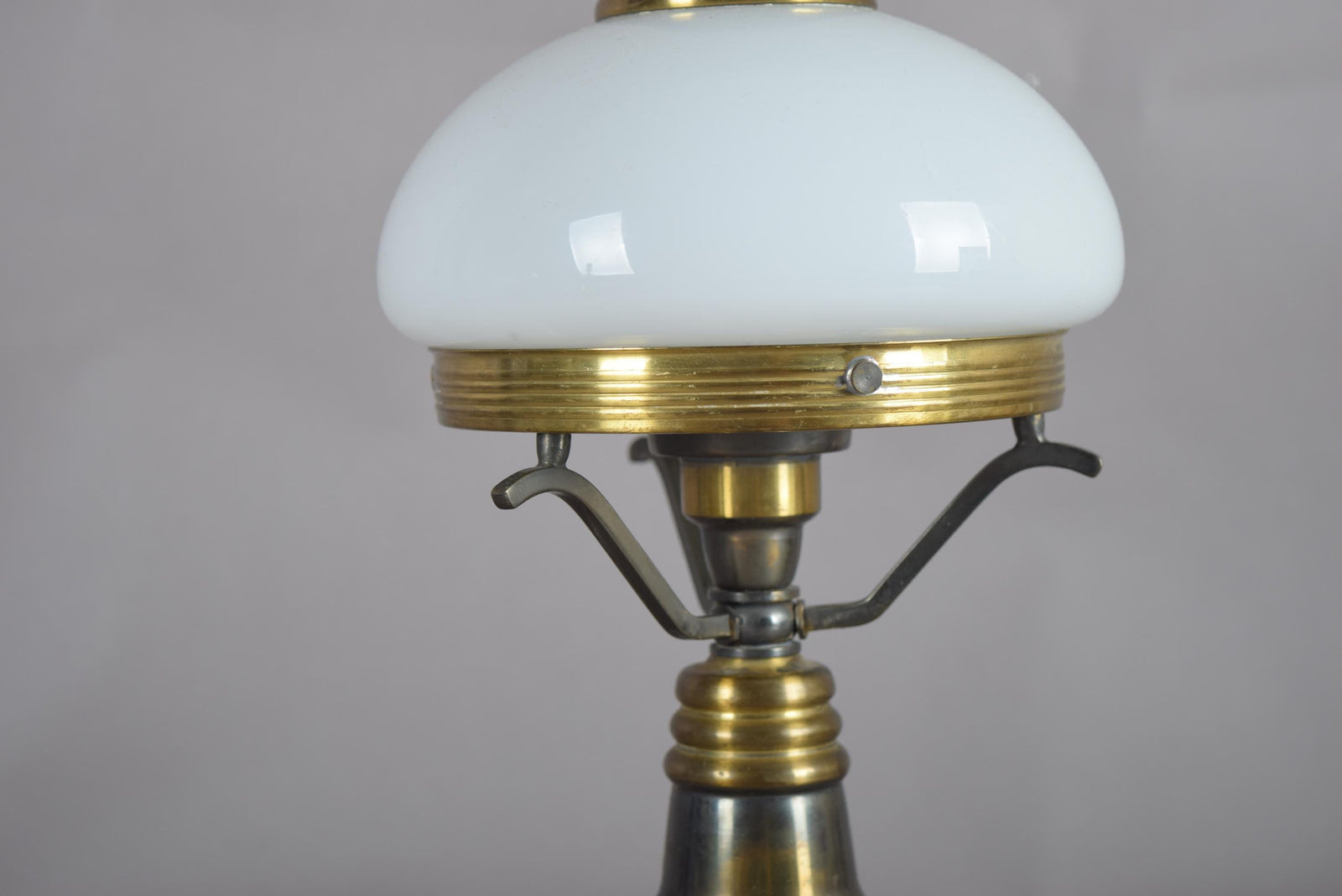 Vintage Brass Table Lamp with White Opaline Glass Dome Shade, Steampunk Style, 1950s