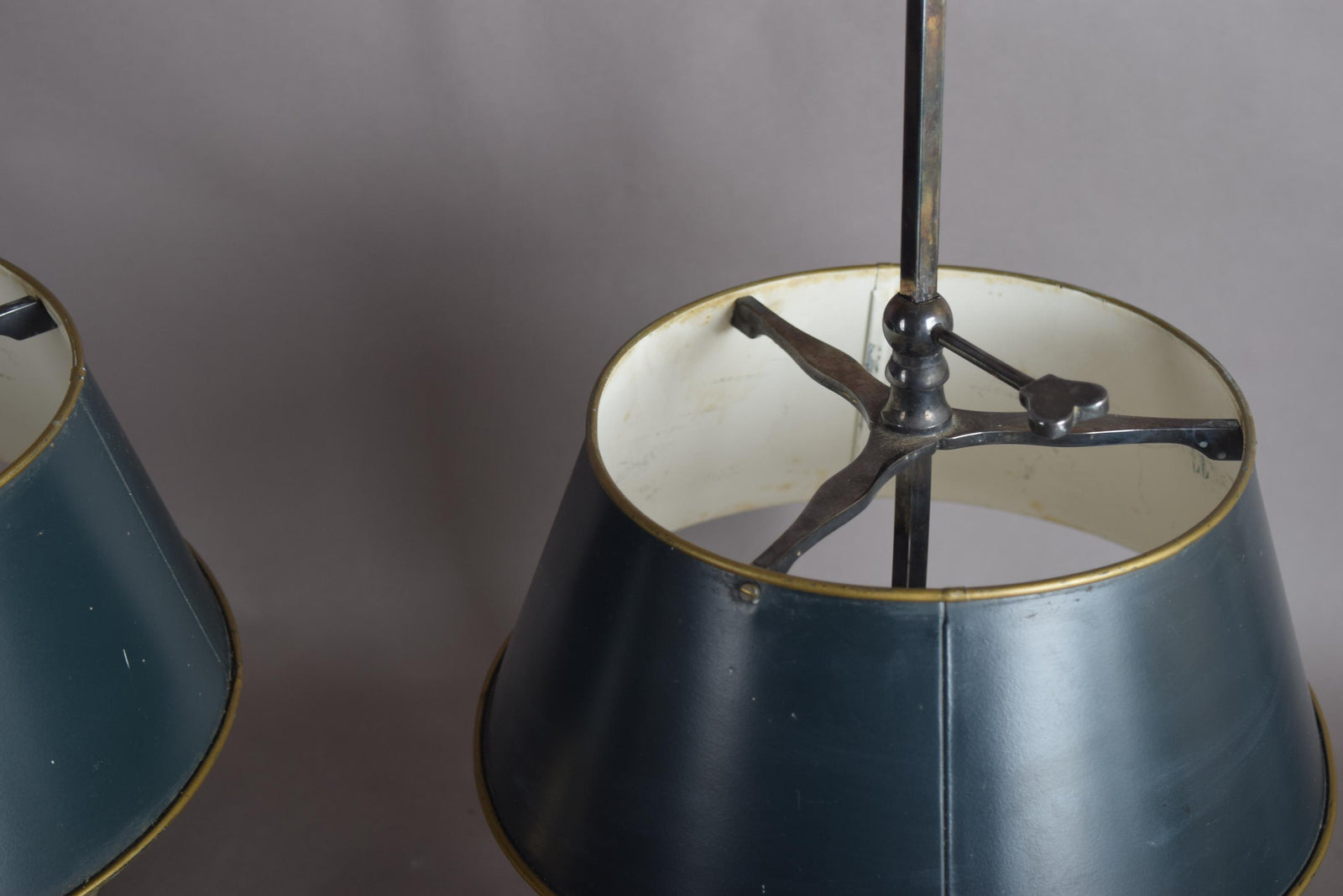 Pair of French Bouillotte Lamps, Silvered Metal with Teal Tole Shades, Empire Style, 1950s