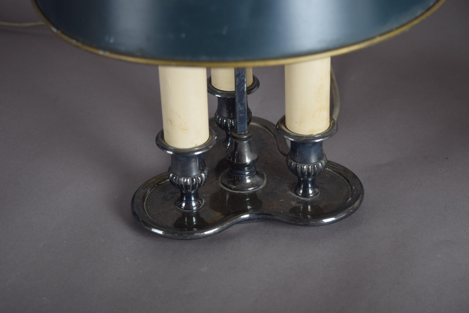 Pair of French Bouillotte Lamps, Silvered Metal with Teal Tole Shades, Empire Style, 1950s