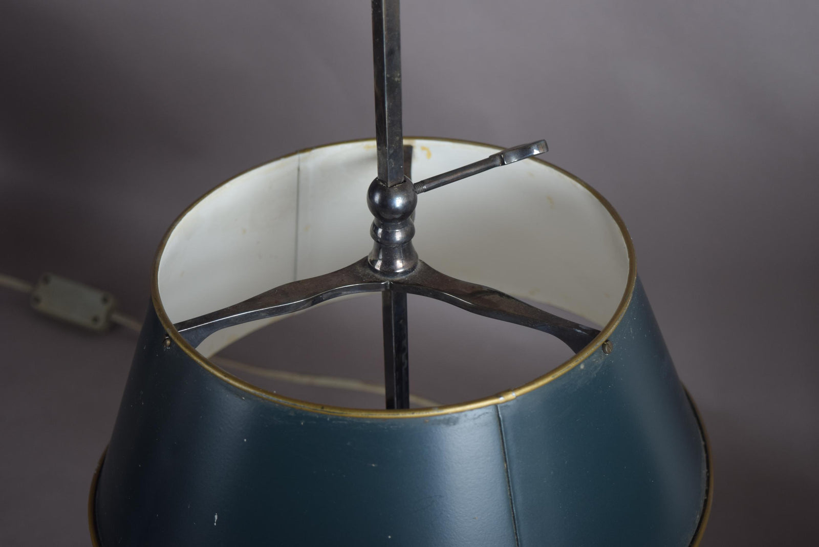 Pair of French Bouillotte Lamps, Silvered Metal with Teal Tole Shades, Empire Style, 1950s