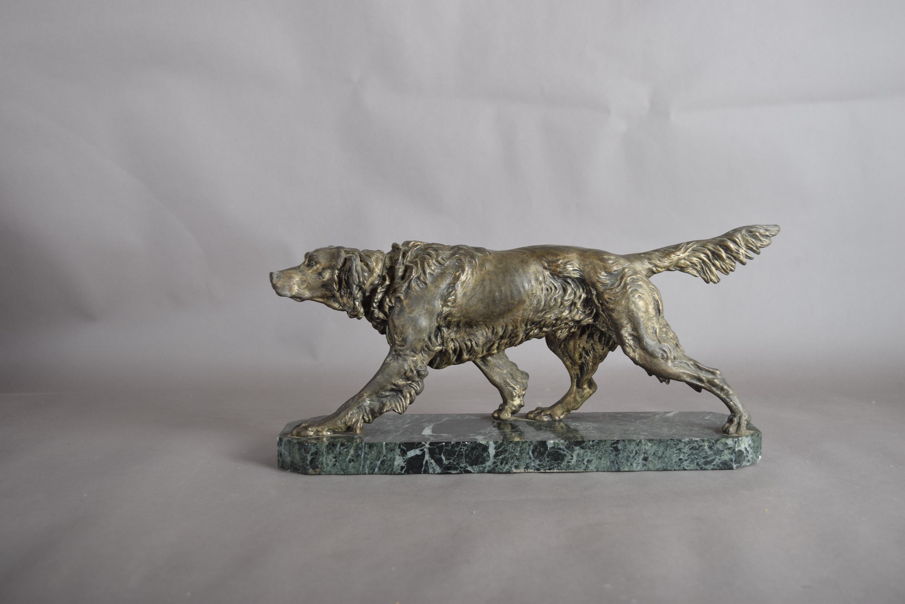 Vintage Patinated Spelter English Setter Dog Sculpture, Green Marble Base, Animalier Style, 1930s