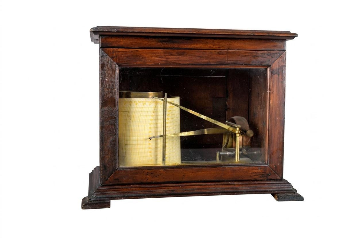 Antique Oak Barograph, Brass Mechanism with Chart Drum — English, 1930s