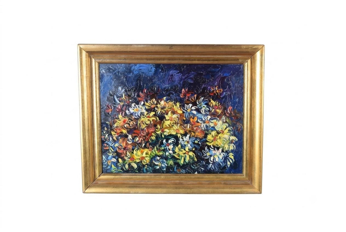 Vintage Floral Impasto Oil Painting, Expressionist Still Life, Gilt Frame, 1950s