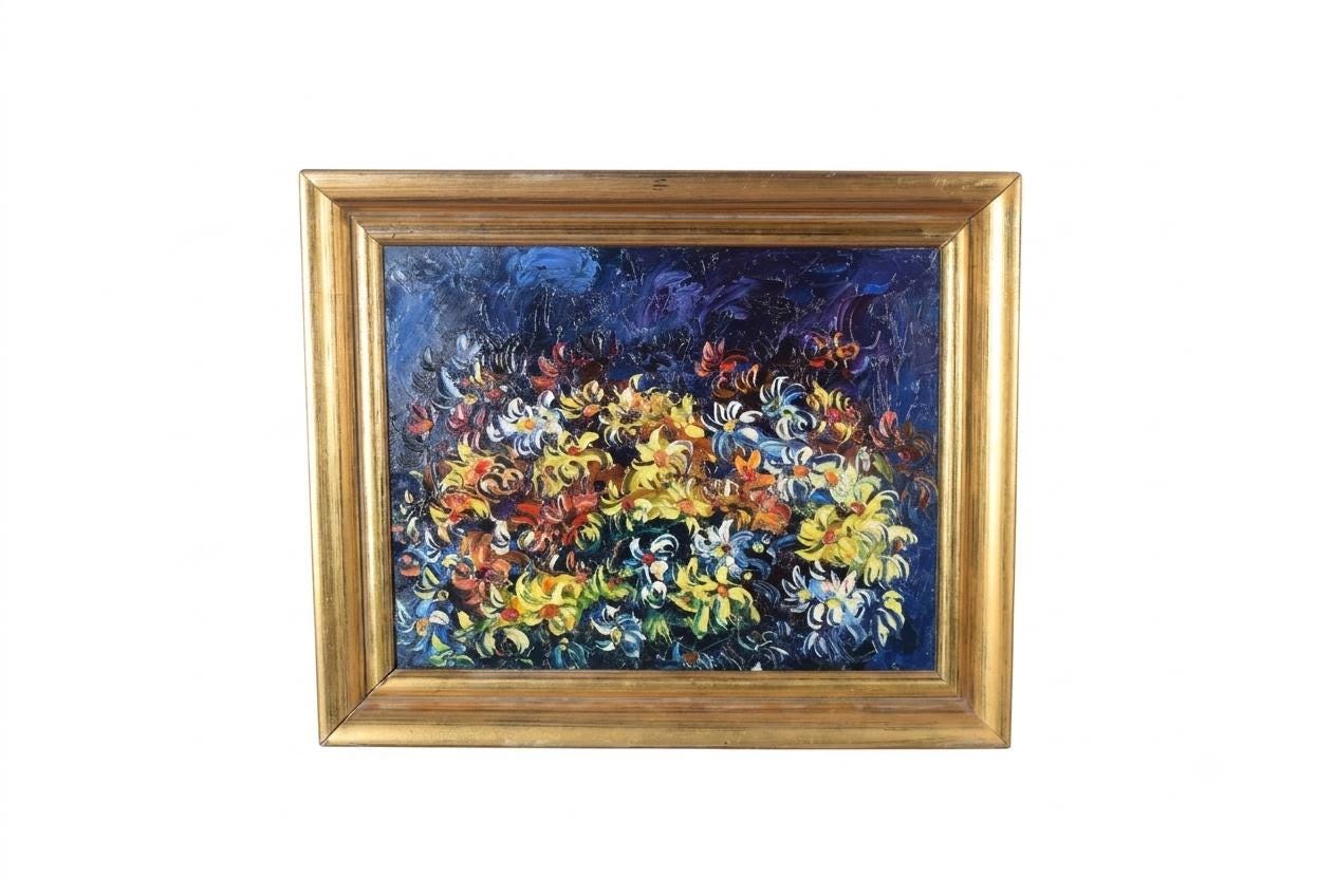 Vintage Floral Impasto Oil Painting, Expressionist Still Life, Gilt Frame, 1950s