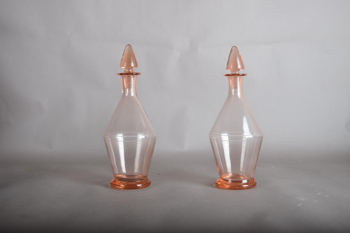Vintage Pink Glass Carafe Pair, Rounded Art Deco Style Form