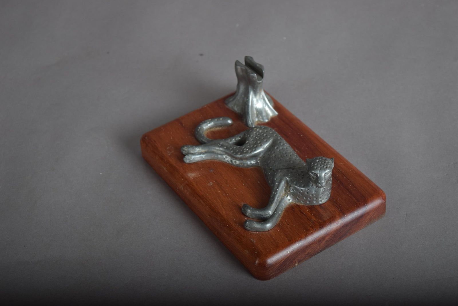 Vintage Leopard Pen Holder, Cast Metal Safari Desk Organizer, Wood Base