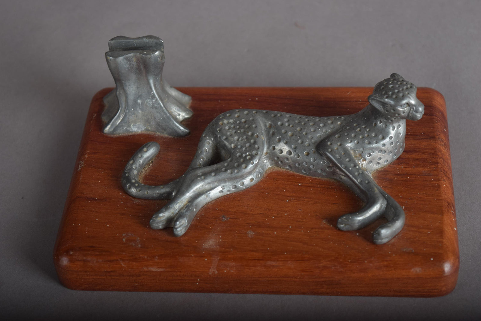 Vintage Leopard Pen Holder, Cast Metal Safari Desk Organizer, Wood Base