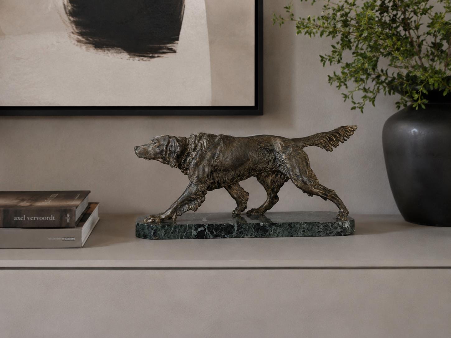 Vintage Patinated Spelter English Setter Dog Sculpture, Green Marble Base, Animalier Style, 1930s