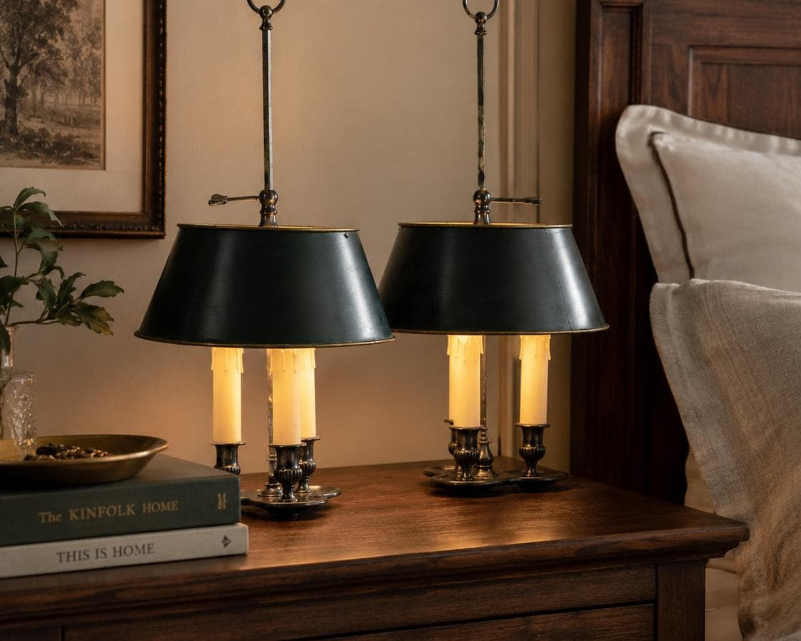 Pair of French Bouillotte Lamps, Silvered Metal with Teal Tole Shades, Empire Style, 1950s