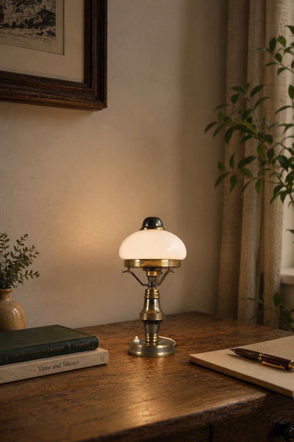 Vintage Brass Table Lamp with White Opaline Glass Dome Shade, Steampunk Style, 1950s