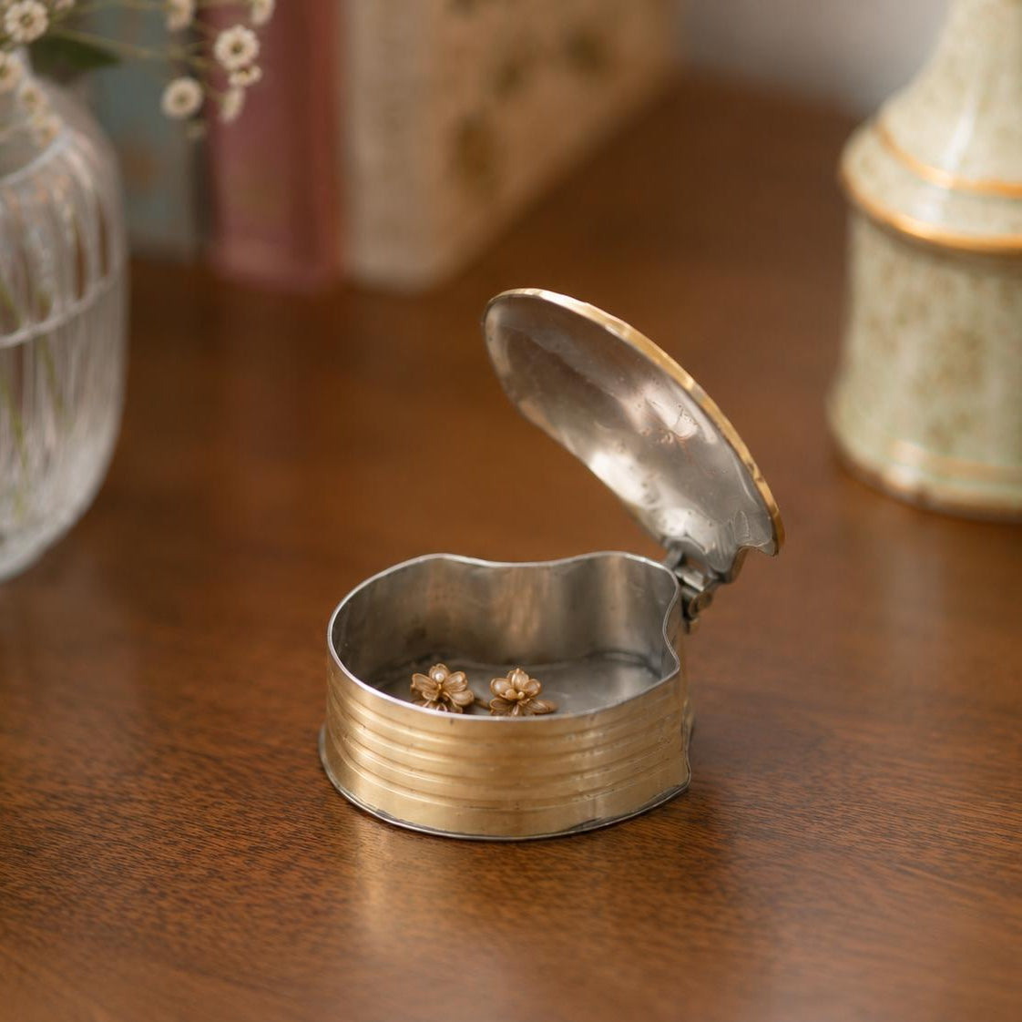 Vintage Brass Pill Box | 1920s Hinged Trinket Box | Mid-Century Vanity Collectible | Small Brass Keepsake Case