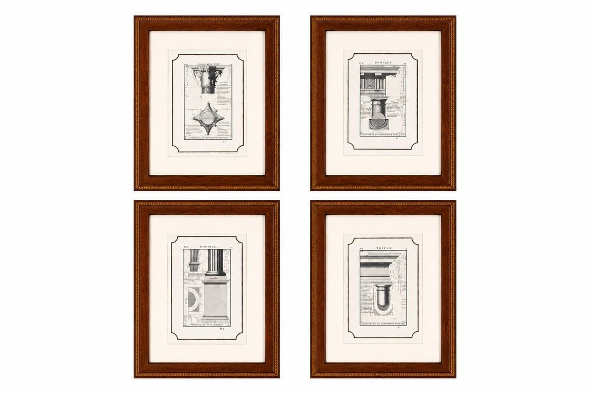 Set of 4 Vintage Architectural Engravings, Framed | Classical Column Studies, 19th Century | Neoclassical Wall Art, Wooden Frames