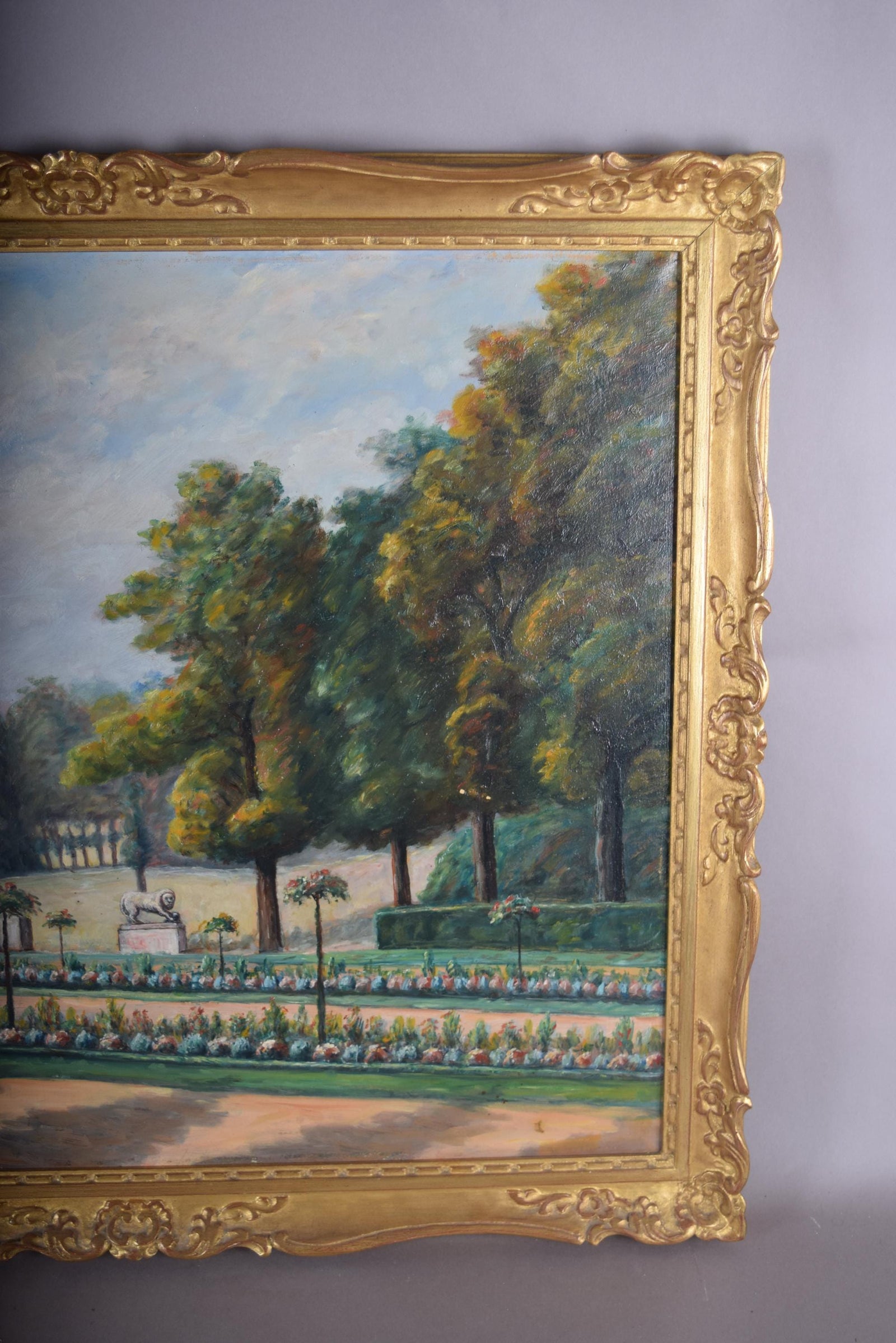 Antique French Garden Landscape Oil Painting, Signed E. Robinet 1935 — Gilt Framed