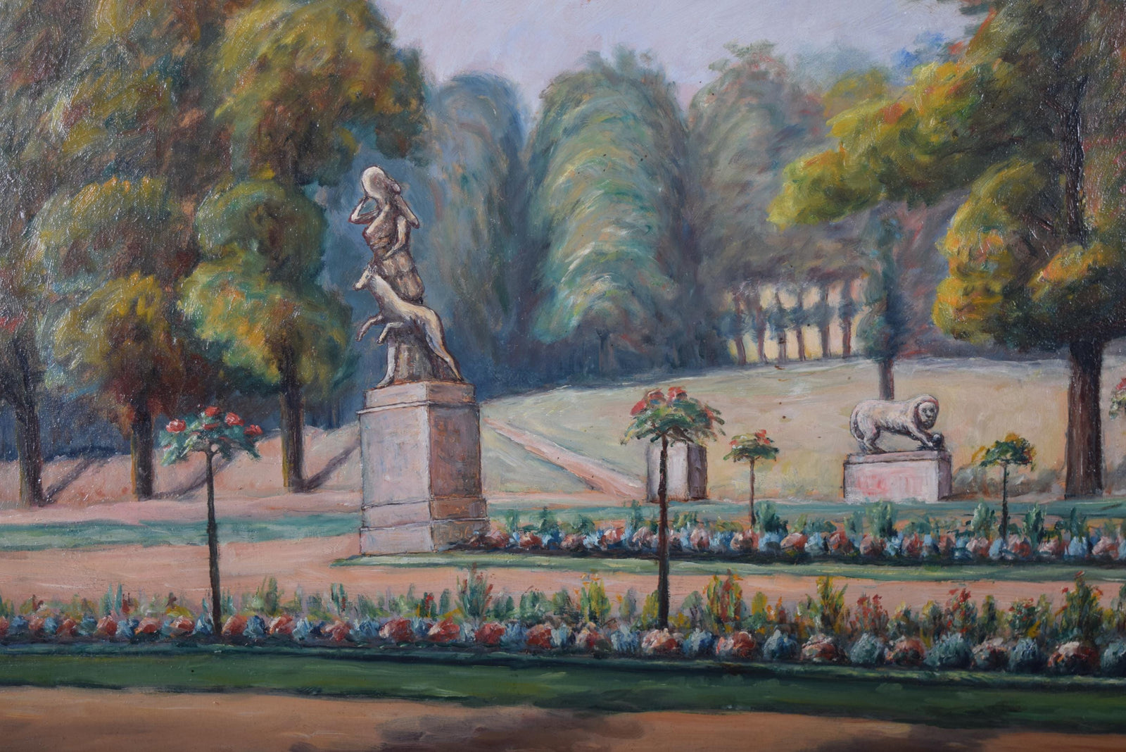 Antique French Garden Landscape Oil Painting, Signed E. Robinet 1935 — Gilt Framed