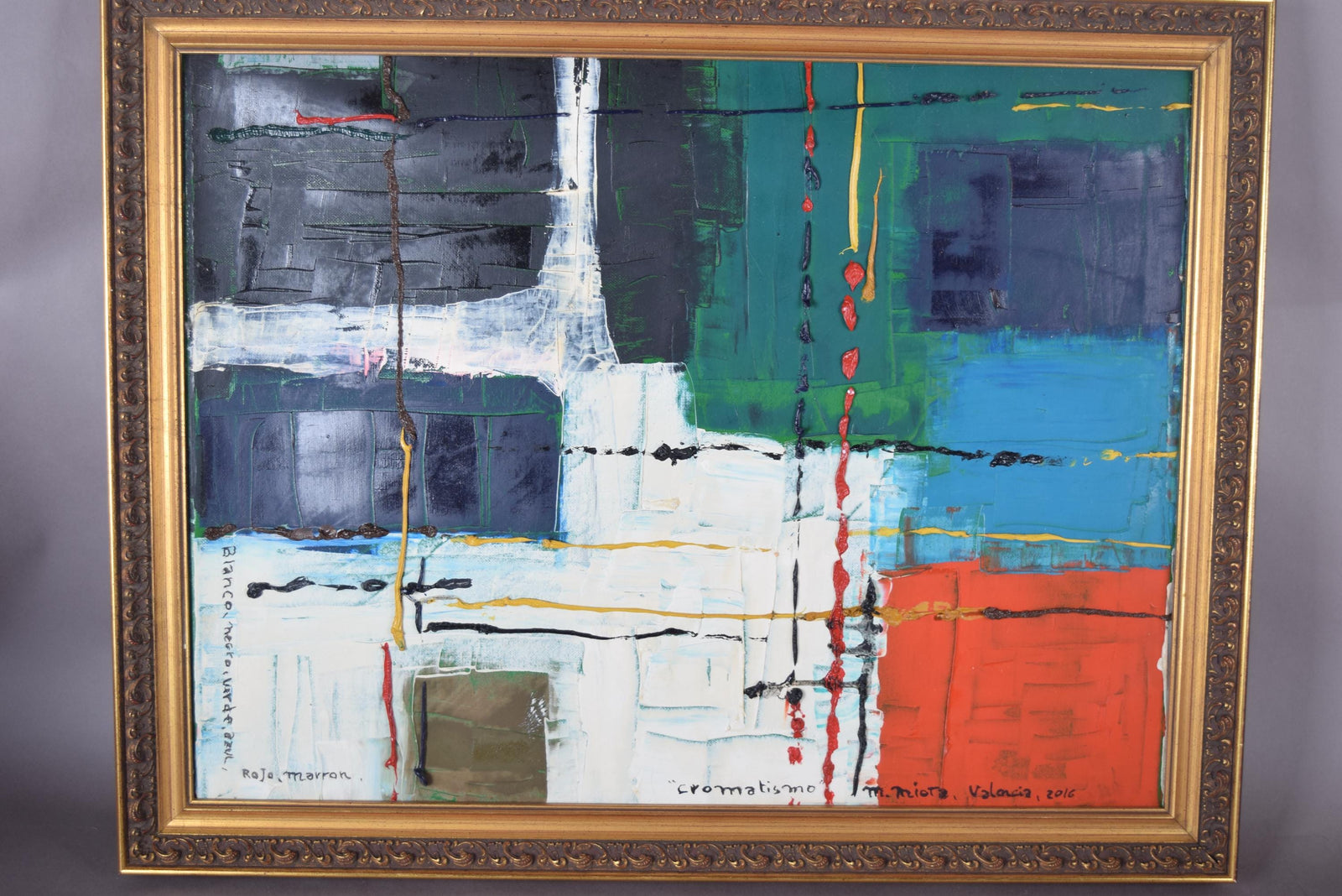 Signed Contemporary Abstract Oil Painting "Cromatismo" by M. Miota, Valencia, Framed Color Field Artwork