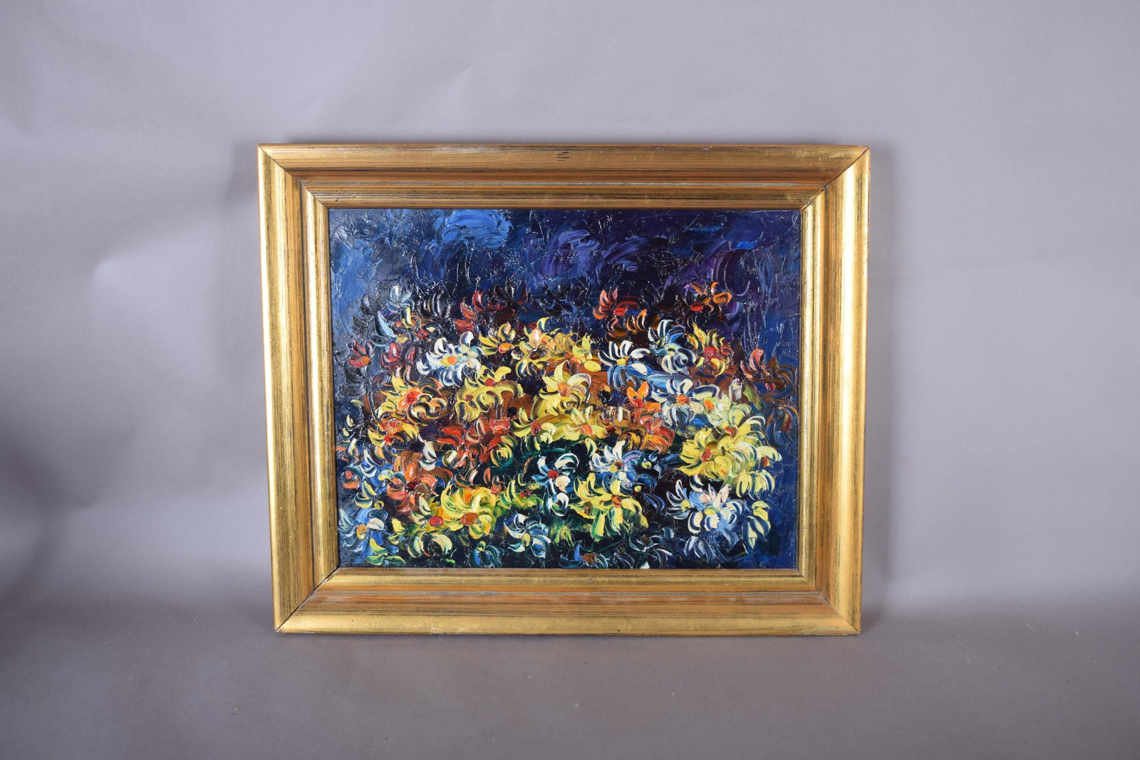 Vintage Floral Impasto Oil Painting, Expressionist Still Life, Gilt Frame, 1950s