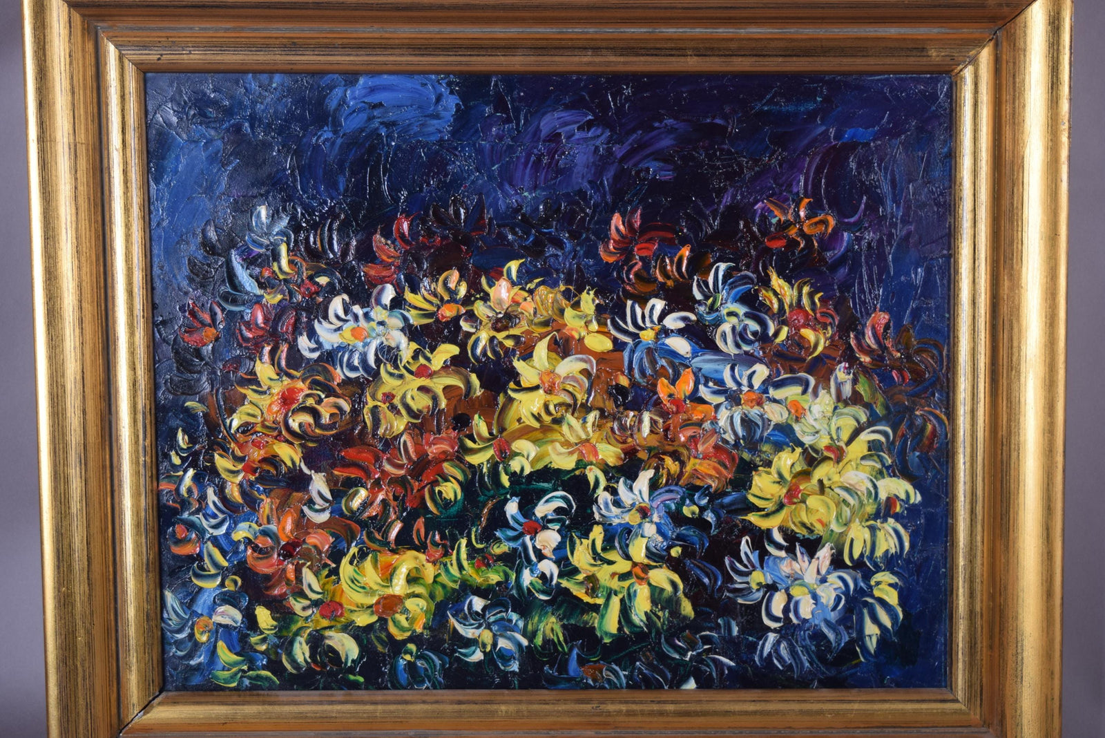 Vintage Floral Impasto Oil Painting, Expressionist Still Life, Gilt Frame, 1950s