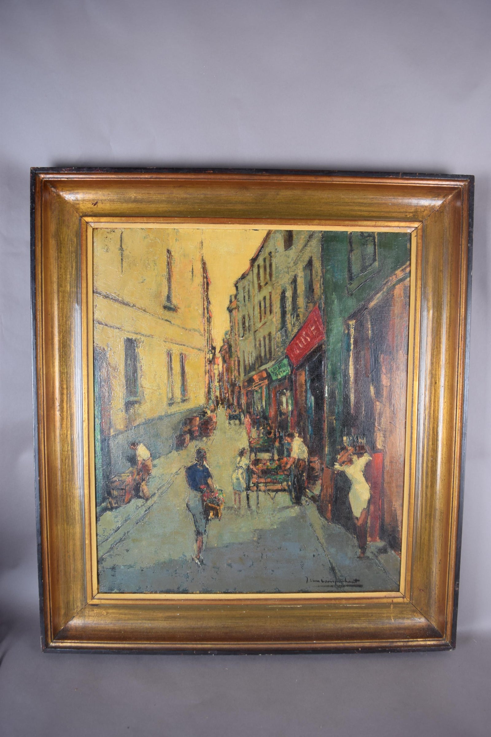 Signed Oil on Canvas, Parisian Street Scene — Rue Quincampoix, Impressionist Style, 1950s