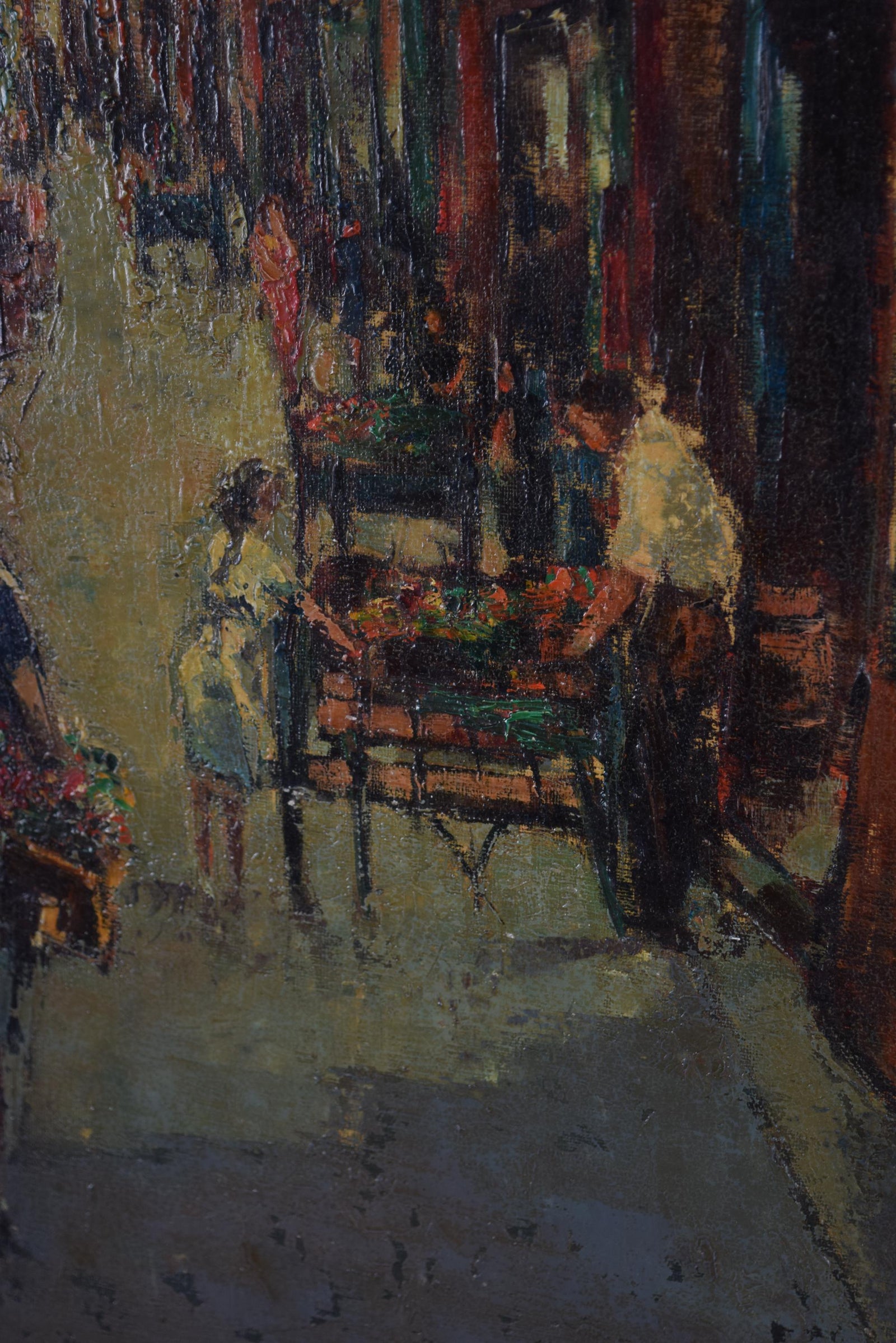 Signed Oil on Canvas, Parisian Street Scene — Rue Quincampoix, Impressionist Style, 1950s