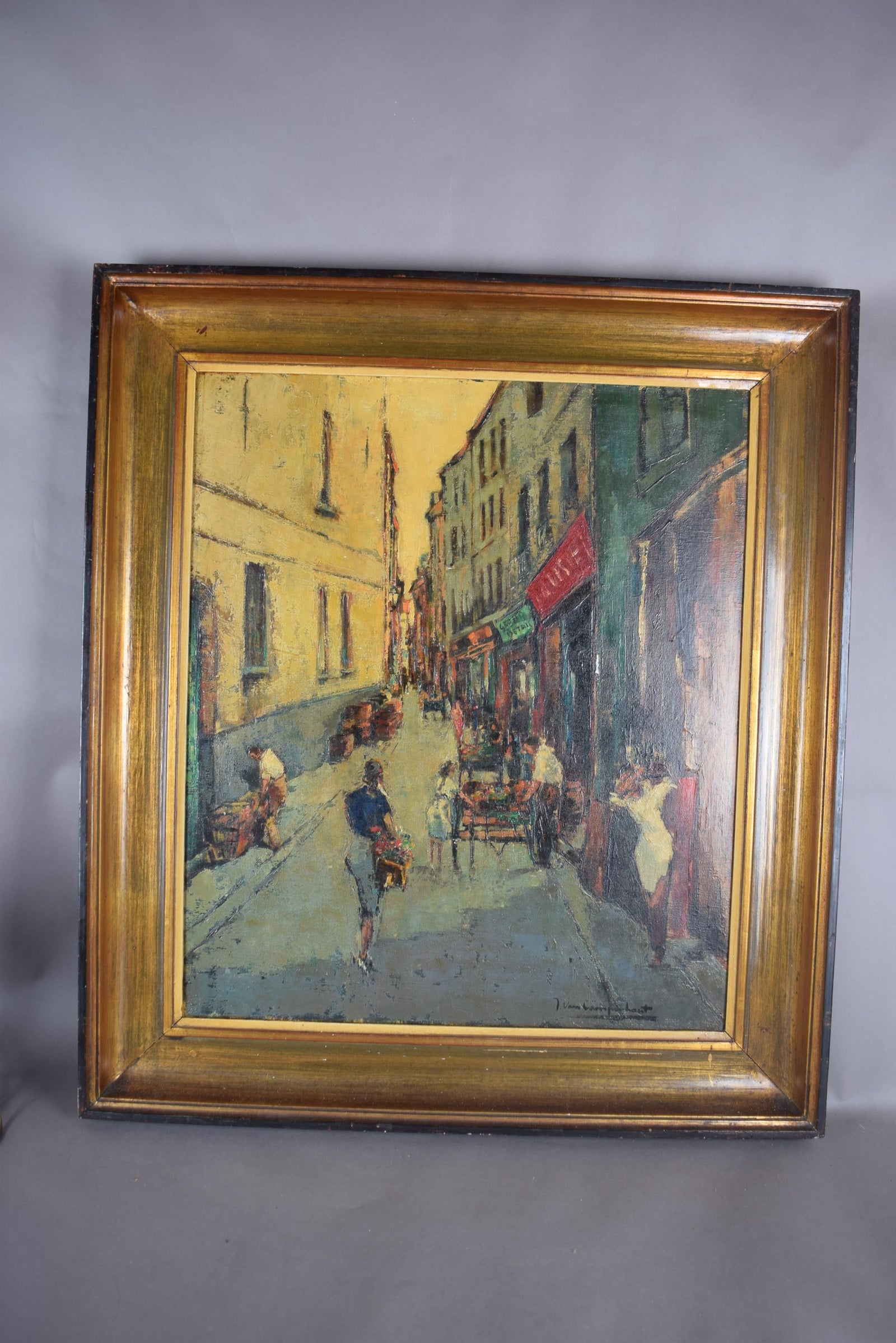 Signed Oil on Canvas, Parisian Street Scene — Rue Quincampoix, Impressionist Style, 1950s