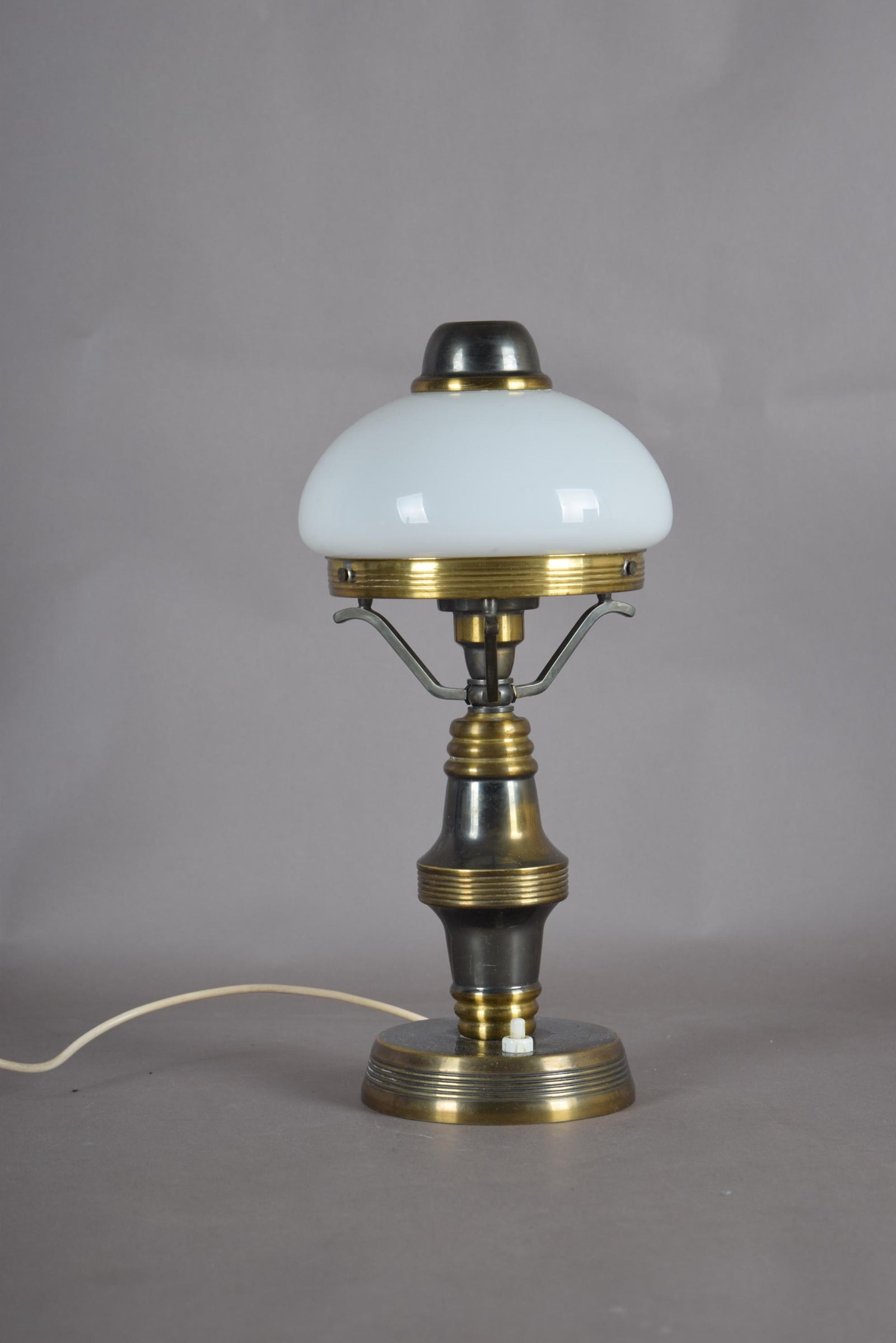 Vintage Brass Table Lamp with White Opaline Glass Dome Shade, Steampunk Style, 1950s