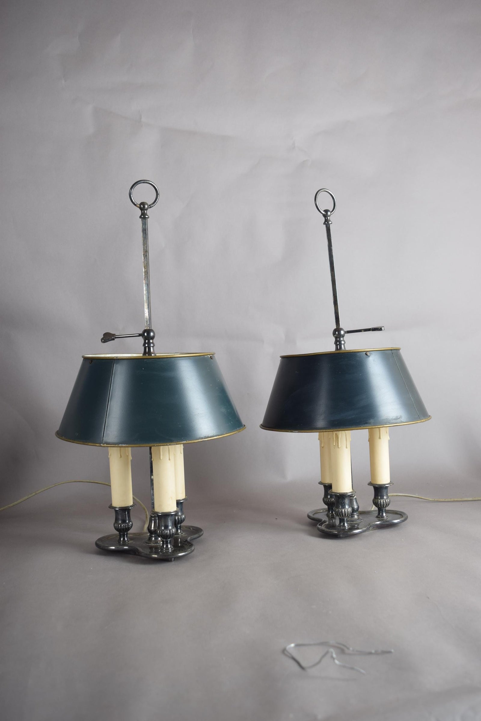 Pair of French Bouillotte Lamps, Silvered Metal with Teal Tole Shades, Empire Style, 1950s