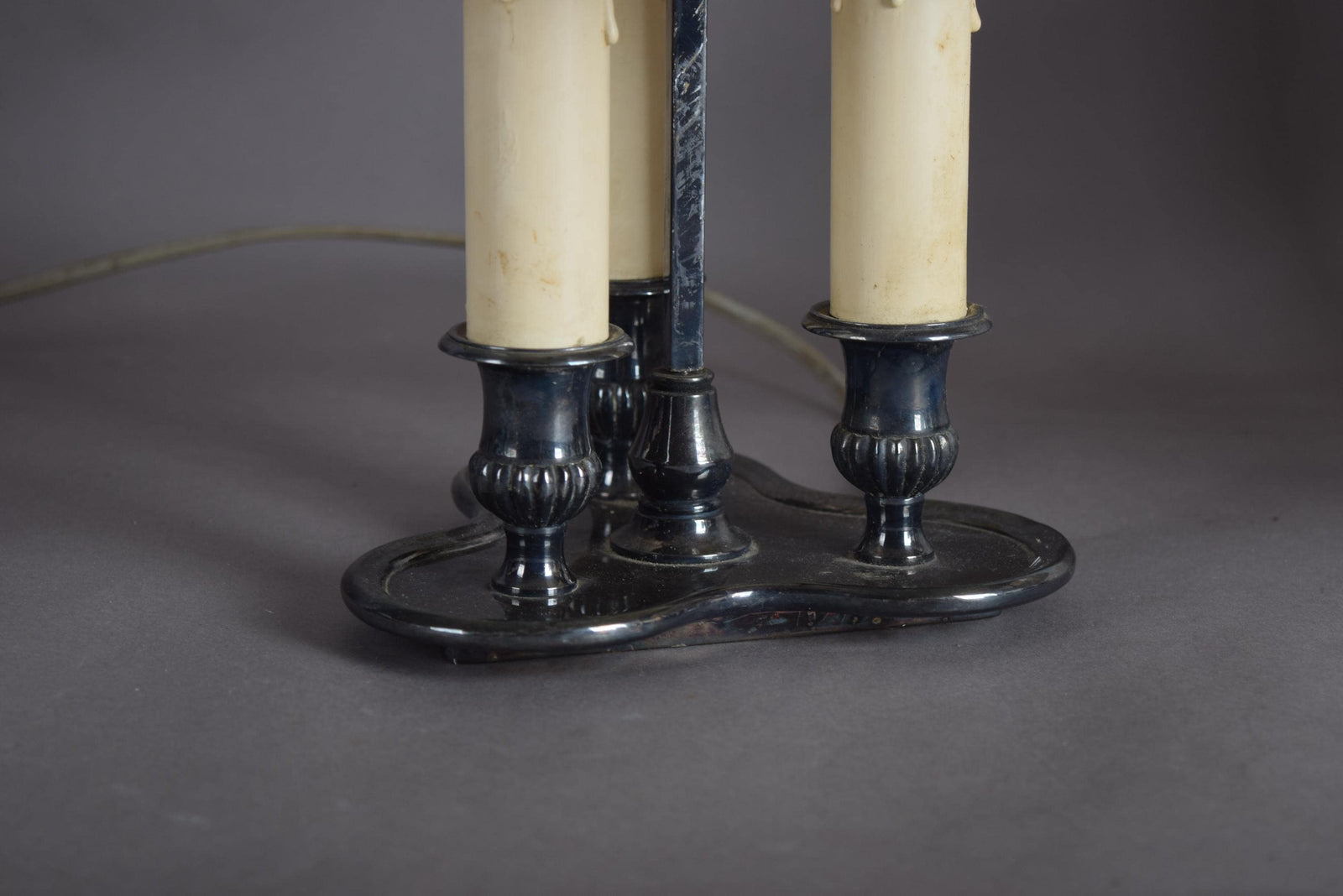 Pair of French Bouillotte Lamps, Silvered Metal with Teal Tole Shades, Empire Style, 1950s