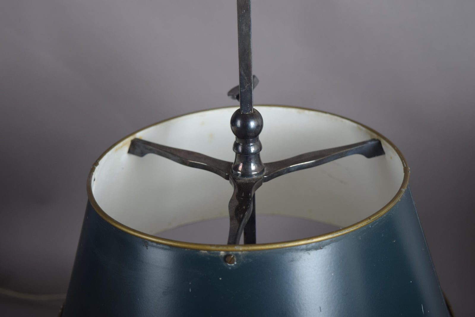 Pair of French Bouillotte Lamps, Silvered Metal with Teal Tole Shades, Empire Style, 1950s
