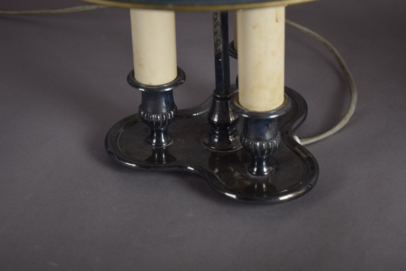 Pair of French Bouillotte Lamps, Silvered Metal with Teal Tole Shades, Empire Style, 1950s