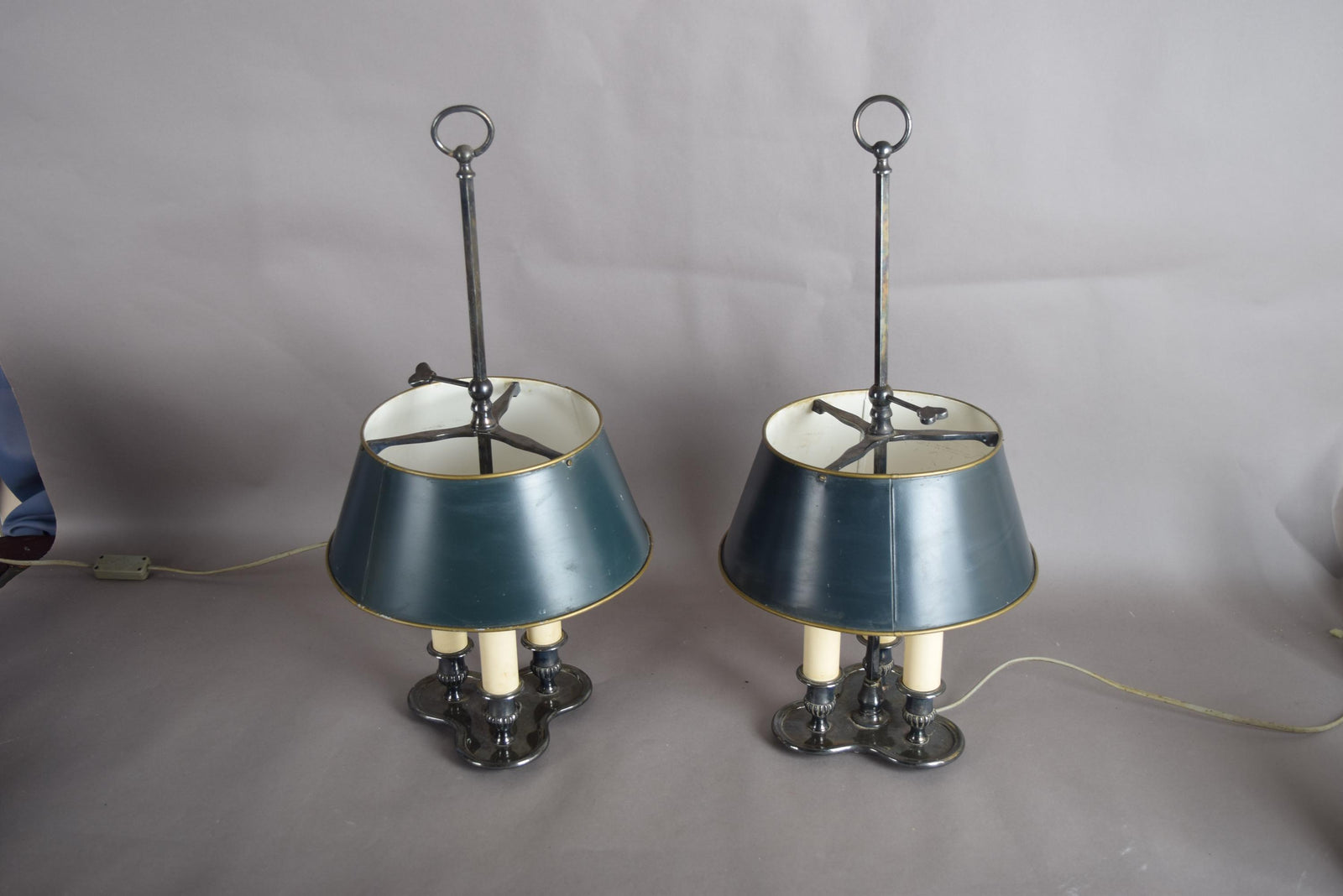 Pair of French Bouillotte Lamps, Silvered Metal with Teal Tole Shades, Empire Style, 1950s