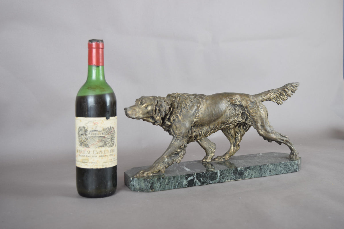 Vintage Patinated Spelter English Setter Dog Sculpture, Green Marble Base, Animalier Style, 1930s