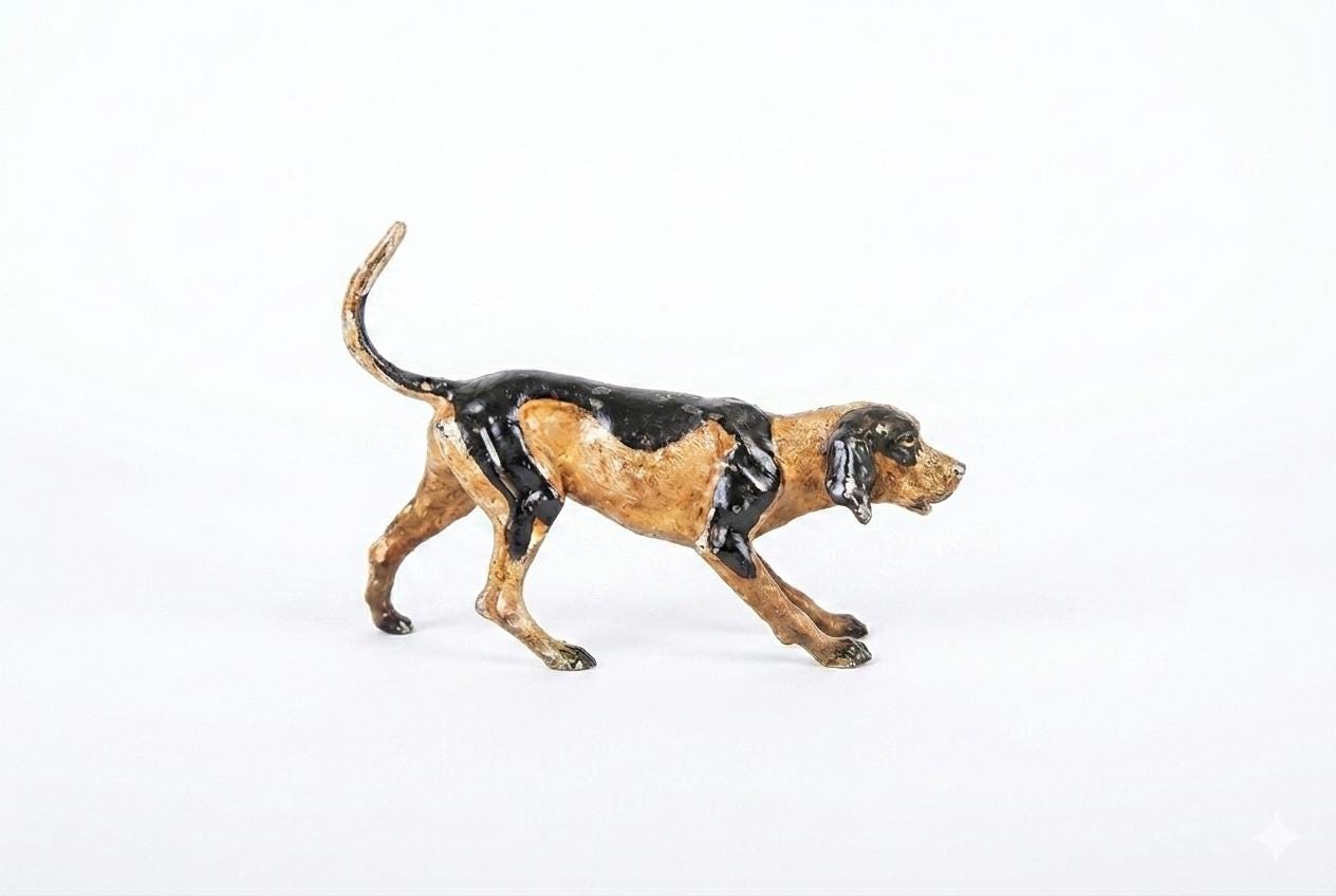 Vintage Circa 1930-1960 Hand-Painted Cast Metal Foxhound Figurine – English Sporting Country Decor Collectible